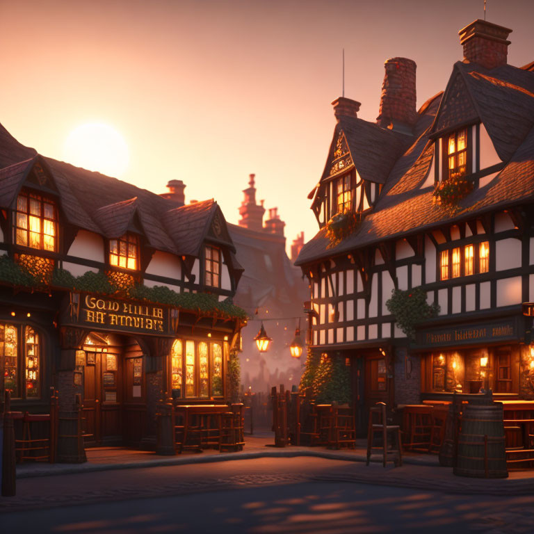 Charming Tudor-style village street at sunset with inn and pub illuminated by lantern light