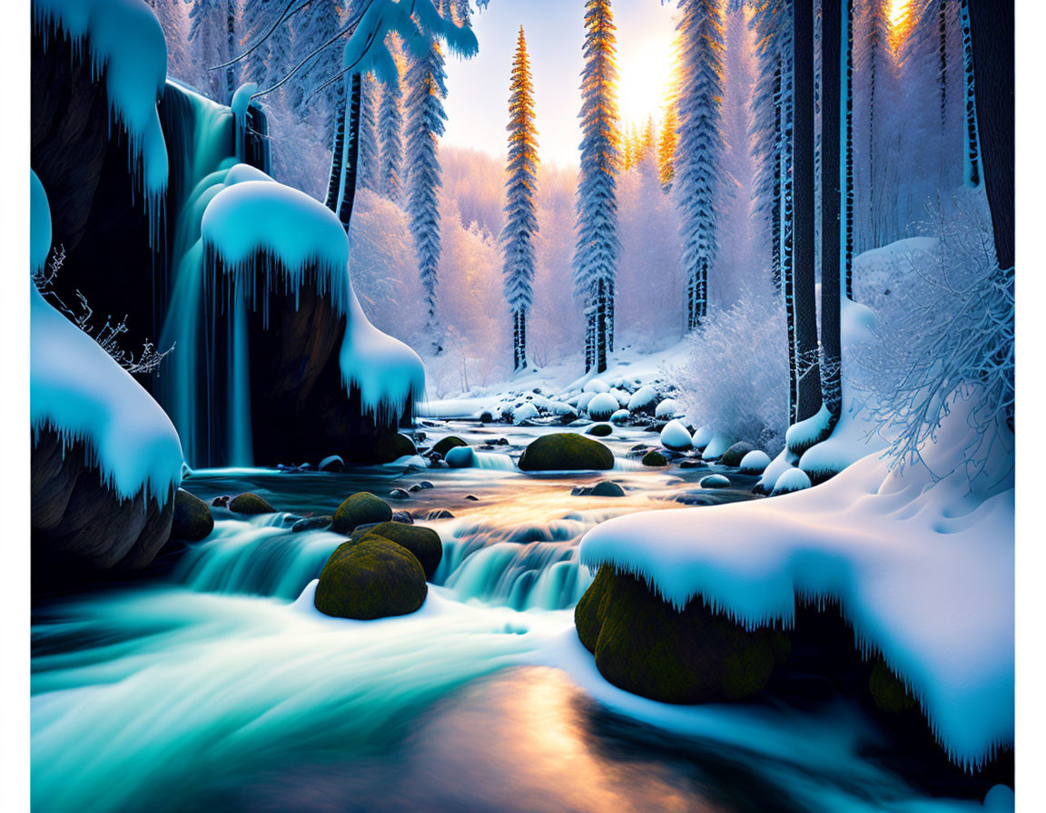 Snow-covered riverbank with frosty trees and sunlight glow