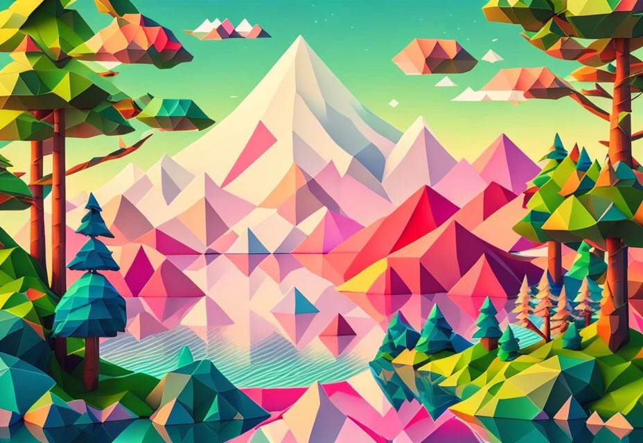 Vibrant low-poly landscape with geometric trees, mountains, and lake.