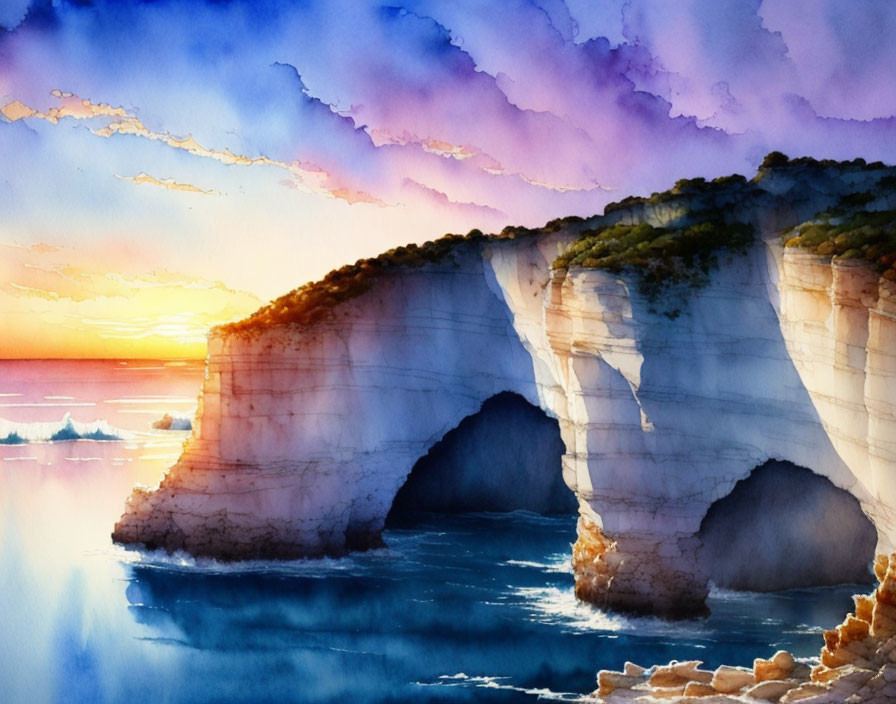 Serene seascape watercolor painting with natural arch formation