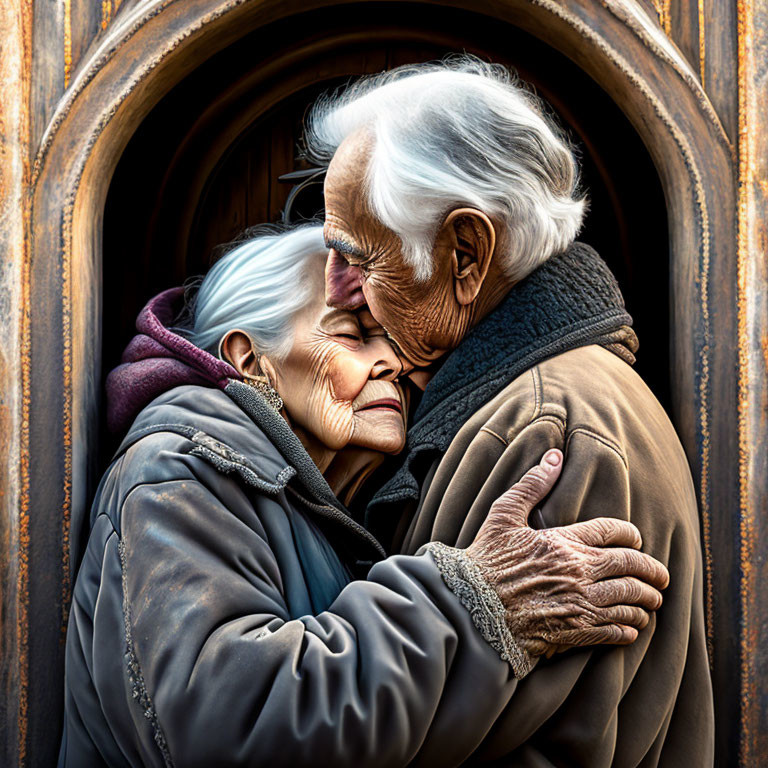 Elderly couple embracing affectionately by wooden door