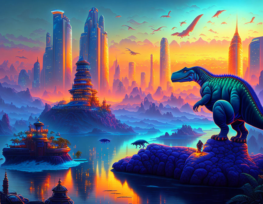 Futuristic cityscape with dinosaur, creatures, and sunset.