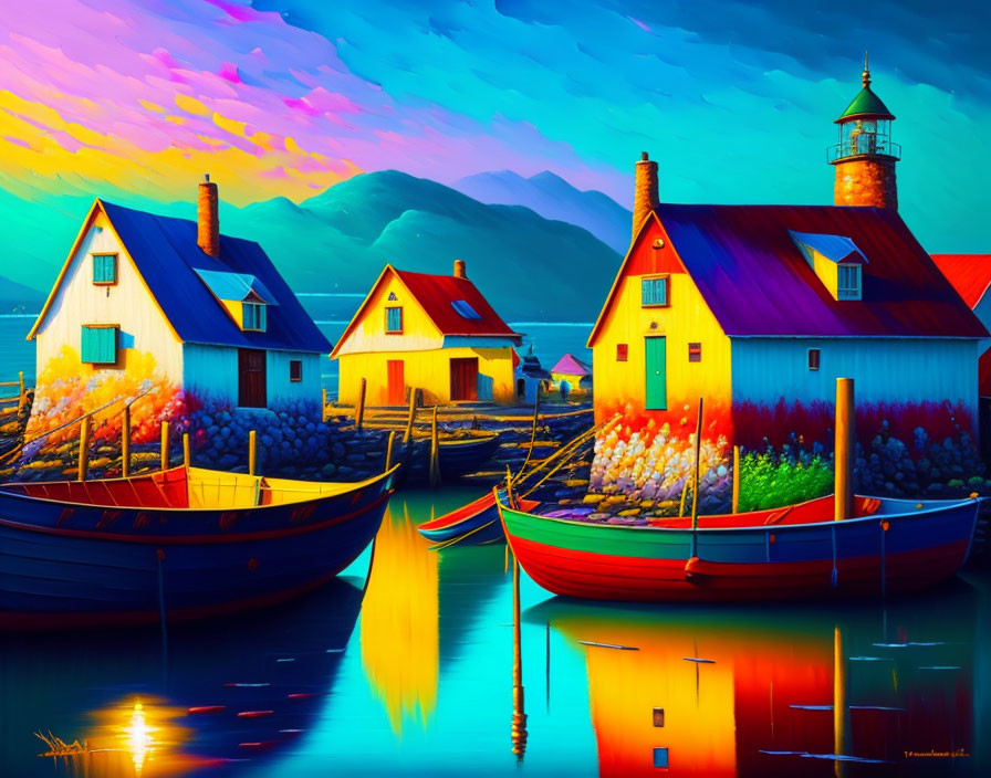 Colorful Coastal Scene with Houses, Lighthouse, Boats, and Luminous Sky