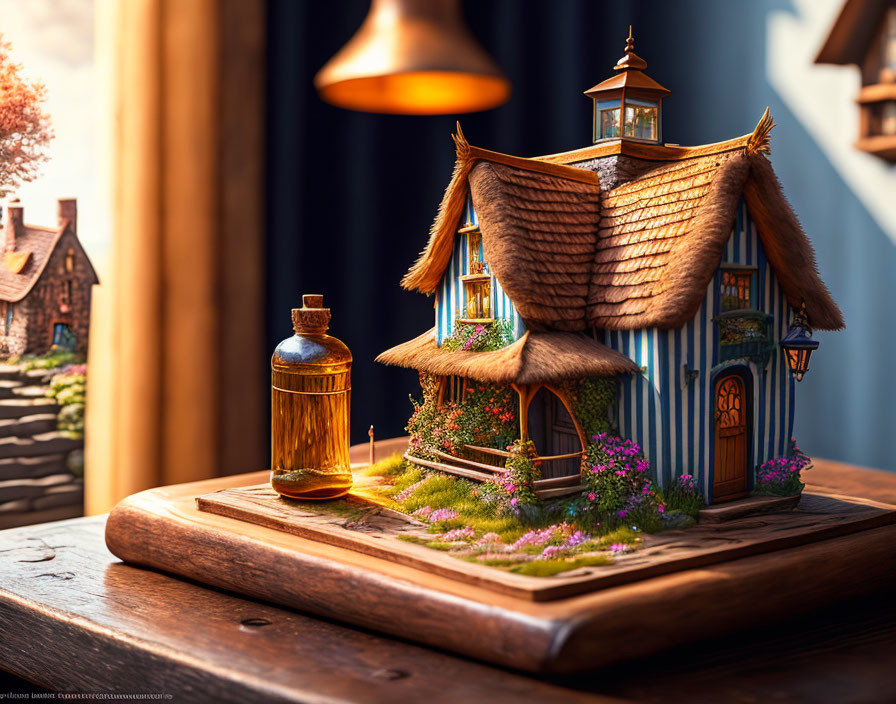 Miniature House with Blue Walls and Thatched Roof on Wooden Platform Beside Vintage Bottle