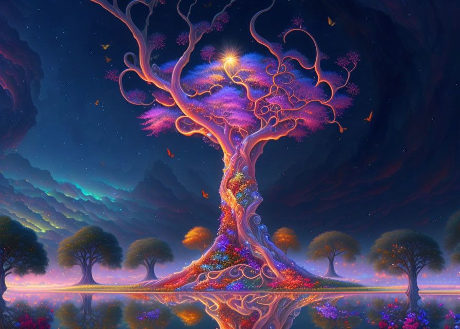 Colorful Fantasy Tree with Glowing Branches in Twilight Sky