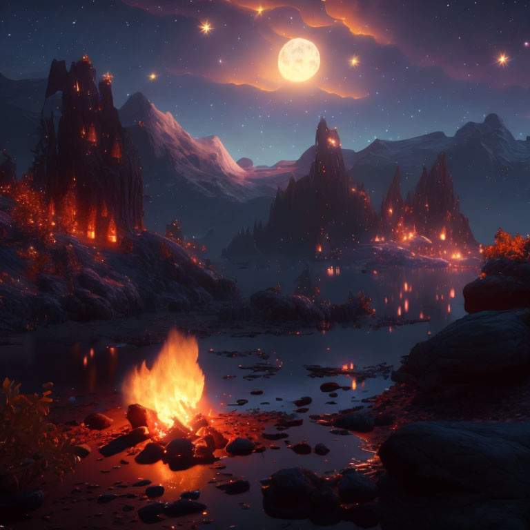 Tranquil night landscape with campfire, lake, mountains, starry sky