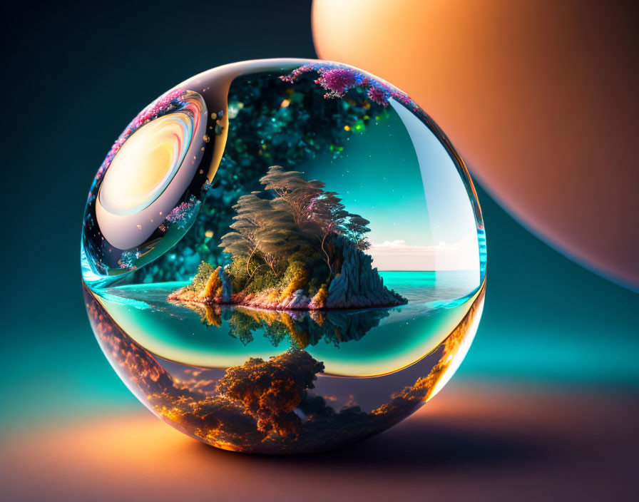 Transparent sphere with island and coral in surreal image