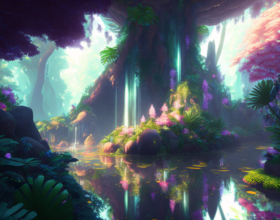 Lush Fantasy Forest with Glowing Lights and Reflective Water