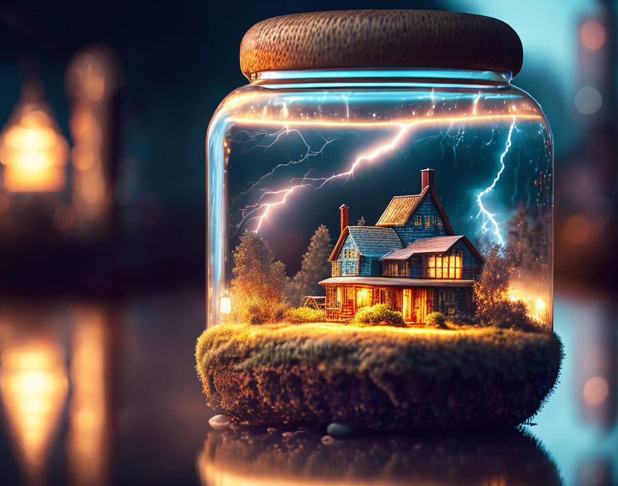 Miniature house in glass jar with lightning effects at twilight