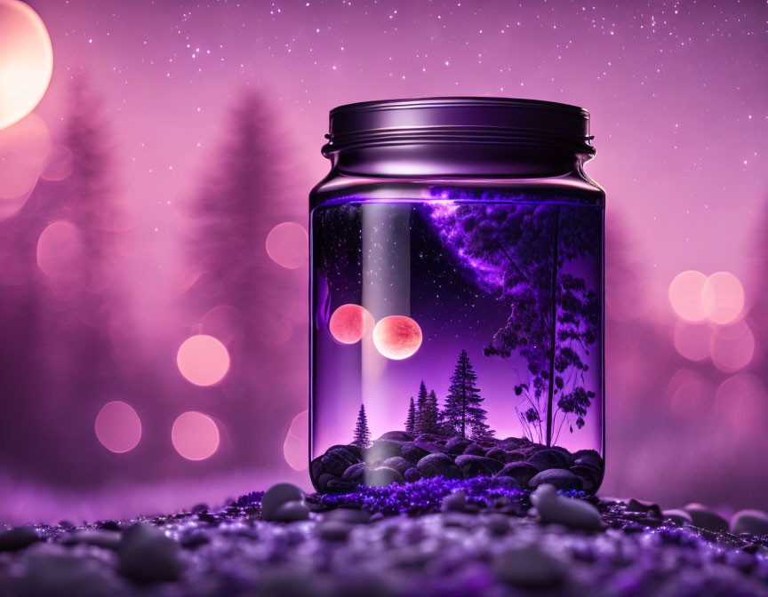 Glass jar with miniature night scene in surreal image.