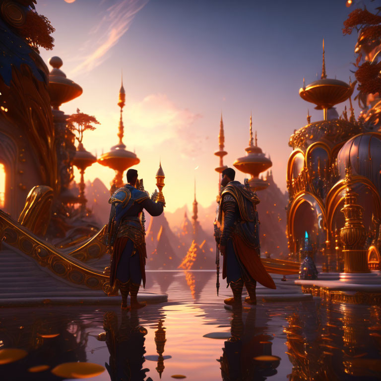 Two individuals in front of glowing fantasy cityscape at sunset