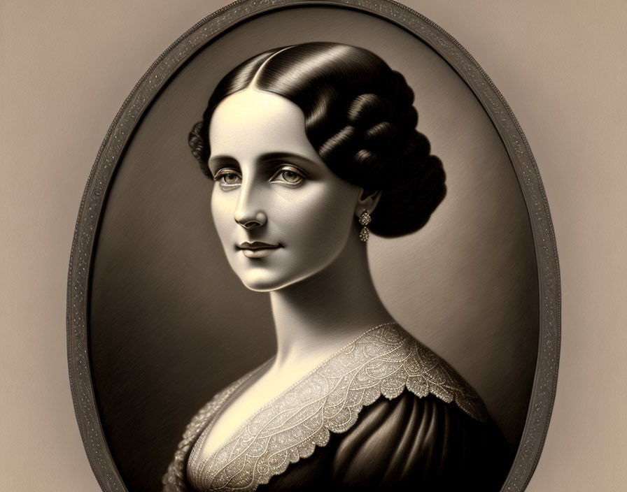 Vintage Portrait of Woman with Elegant Hairstyle and Lace Collar Dress in Sepia Tones