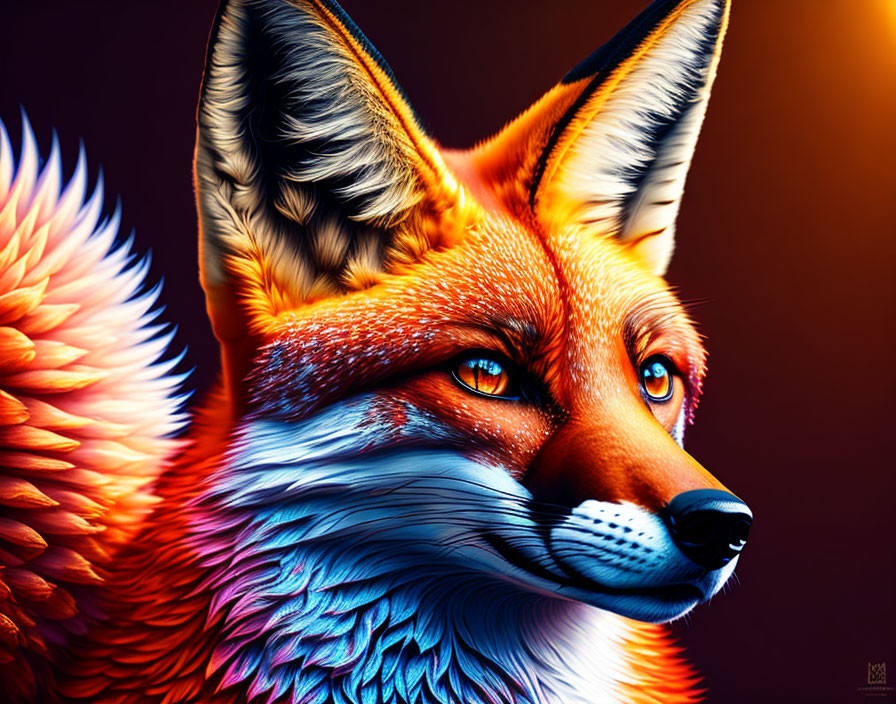 Vibrant digital illustration of a fox with intense orange hues and intricate fur detail