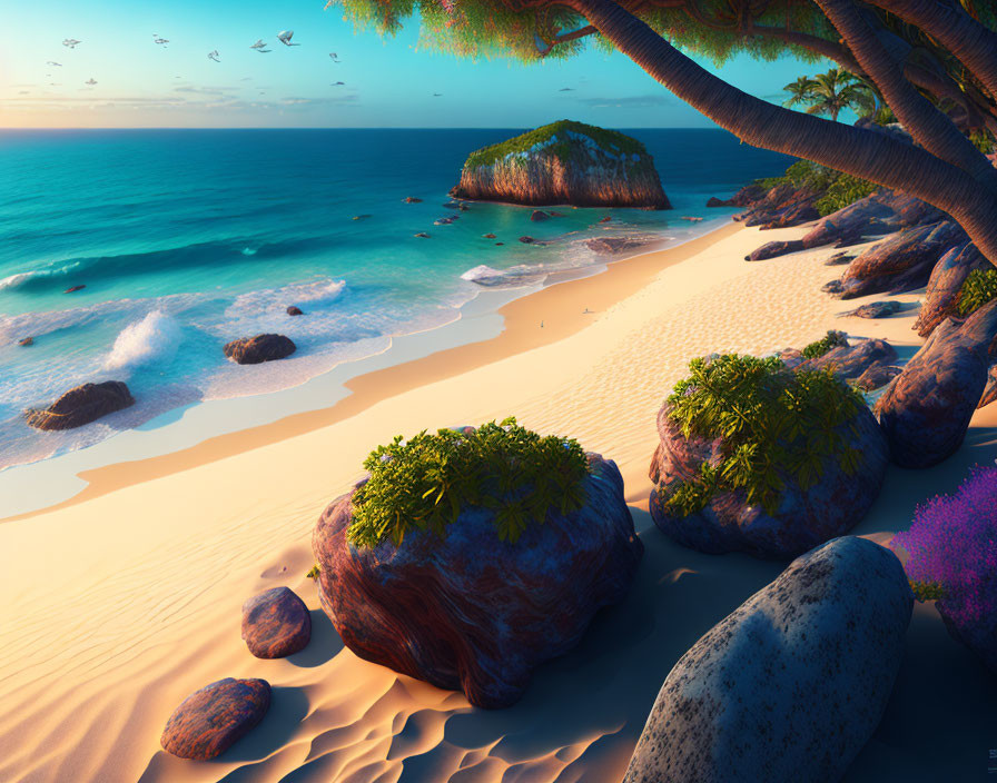 Tranquil Tropical Beach Scene with Lush Trees and Turquoise Sea