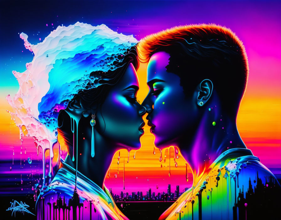 Colorful Close-Up Profile of Couple About to Kiss in Digital Art