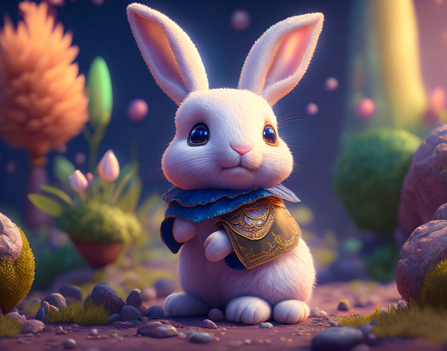 Animated rabbit in blue cape in mystical fantasy setting.