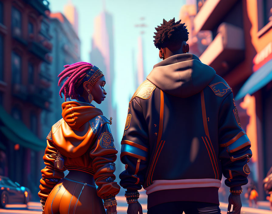 Fashionable characters in futuristic urban setting.