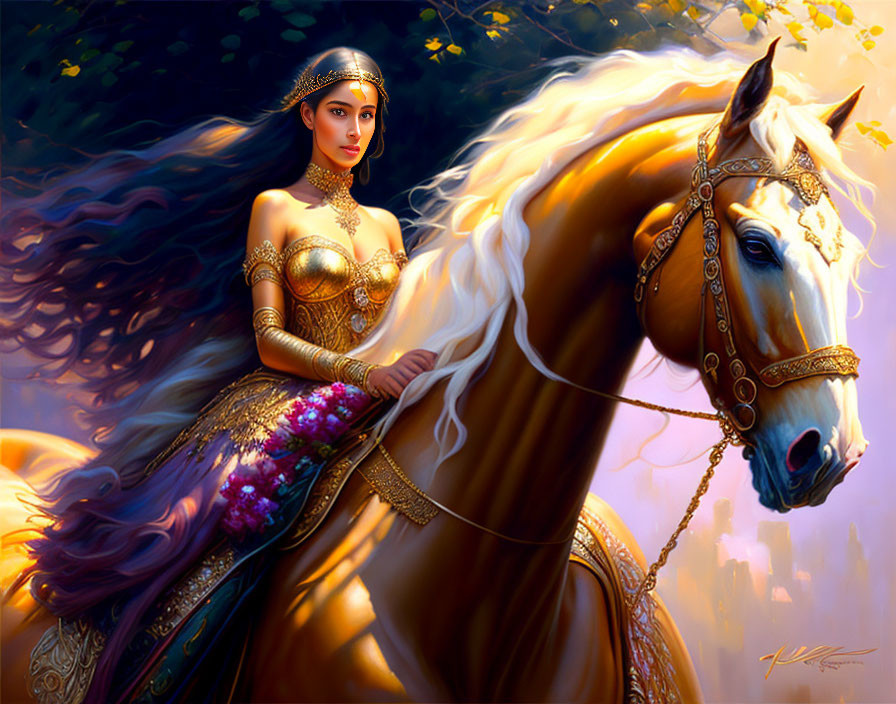 Golden-armored woman on palomino horse in radiant light