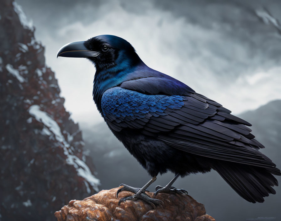 Majestic black raven with blue-tinted feathers on rocky outcrop under moody skies