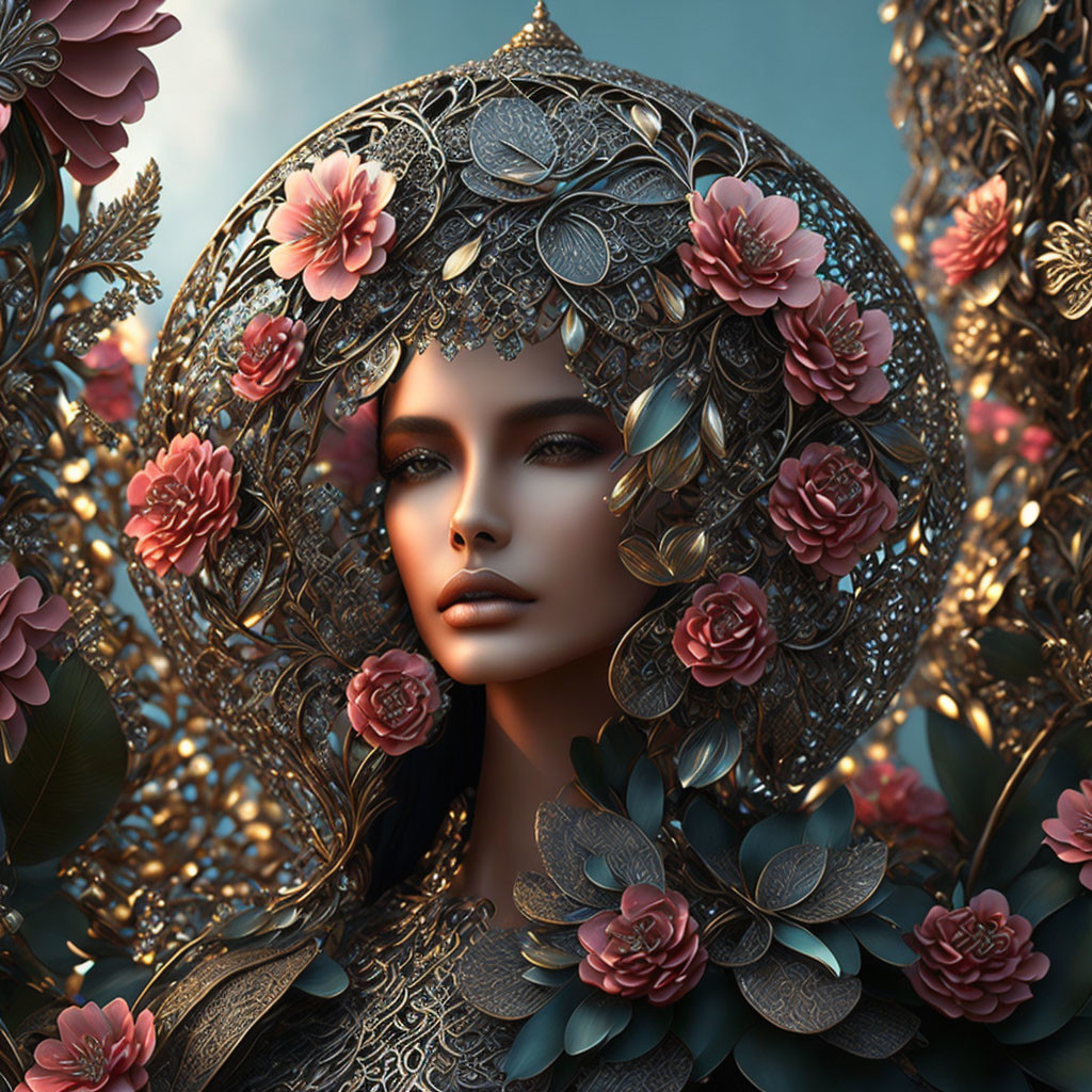 Digital Artwork: Woman with Ornate Headdress and Floral Metal Designs