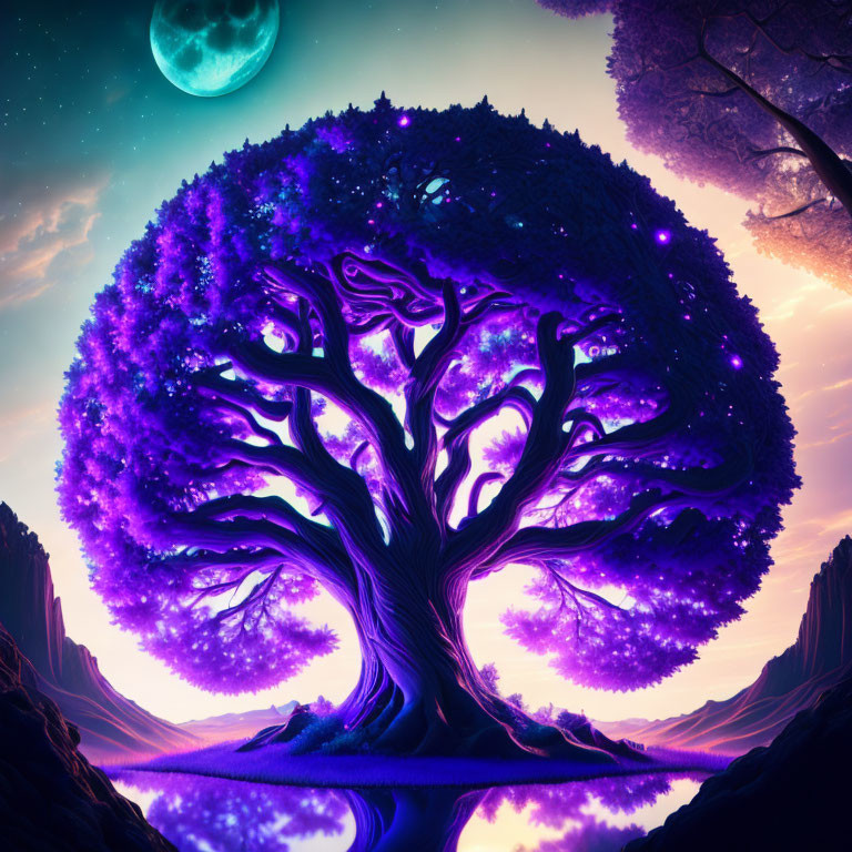 Majestic purple tree in vibrant fantasy landscape at night