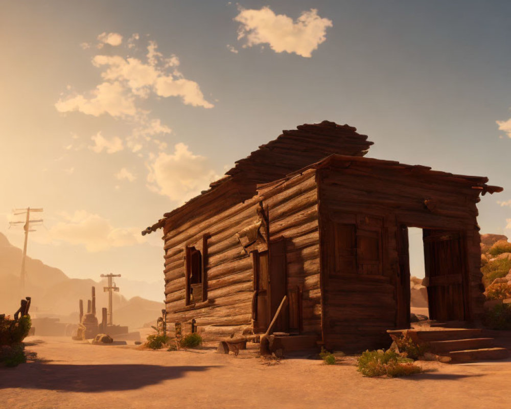 Rustic wooden cabin in desert landscape with mountains and soft sunlight