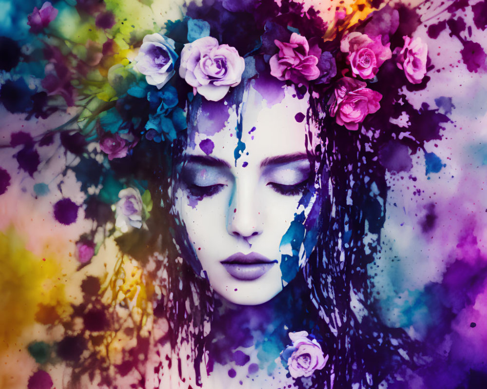 Woman with Floral Crown Surrounded by Abstract Color Splashes