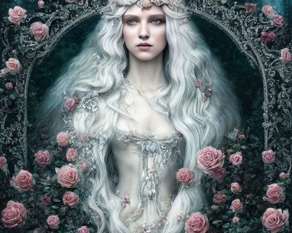 Mystical woman with long white hair and striking eyes in ornate headdress amid vivid roses.