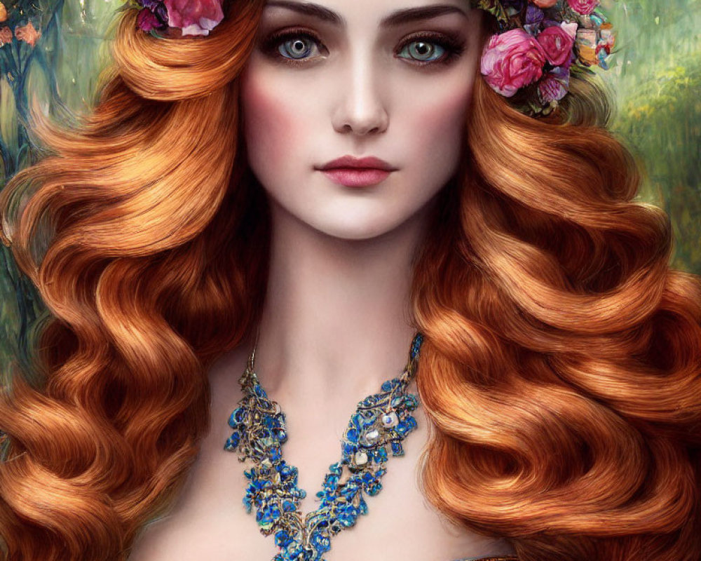 Woman with Red Hair, Flowers, Green Eyes, Blue Necklace