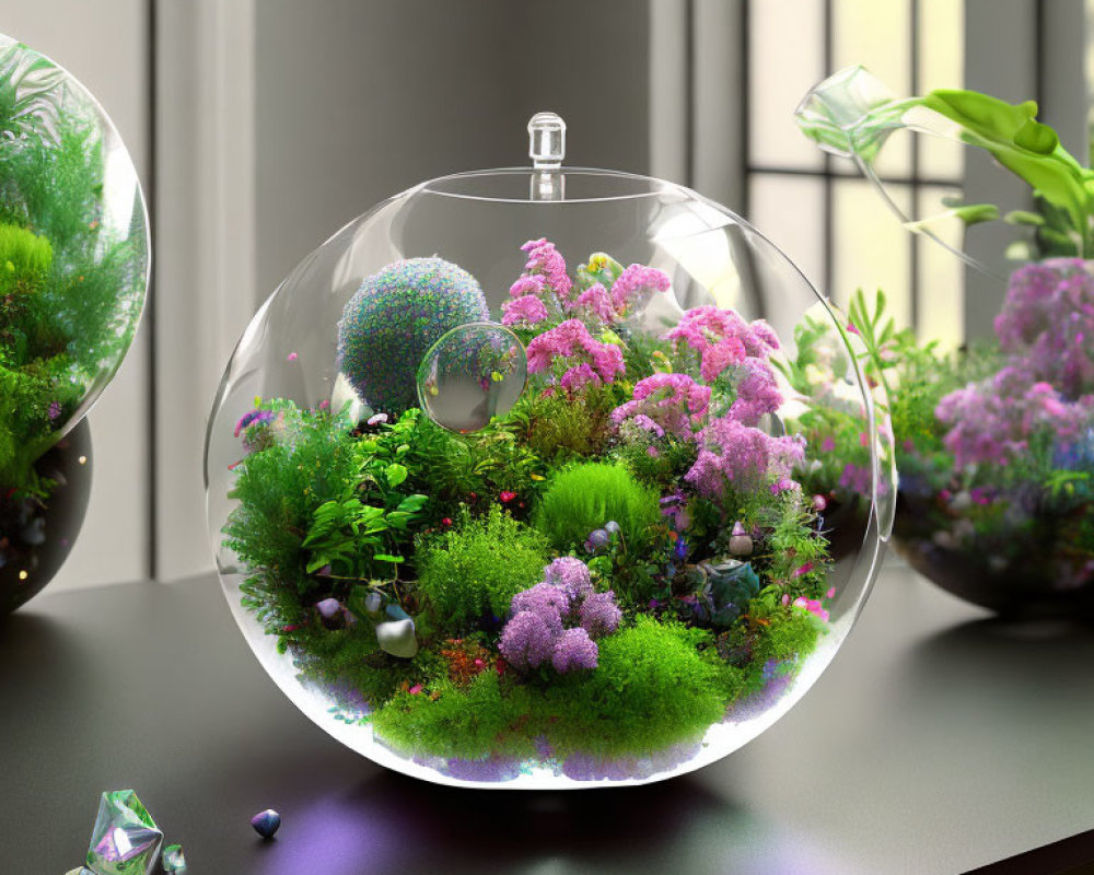 Lush Greenery and Purple Flowers in Vibrant Terrarium Display