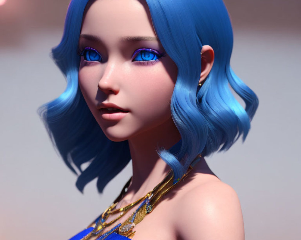 Digital 3D portrait: Female with bright blue hair, blue eyes, blue top, gold neck