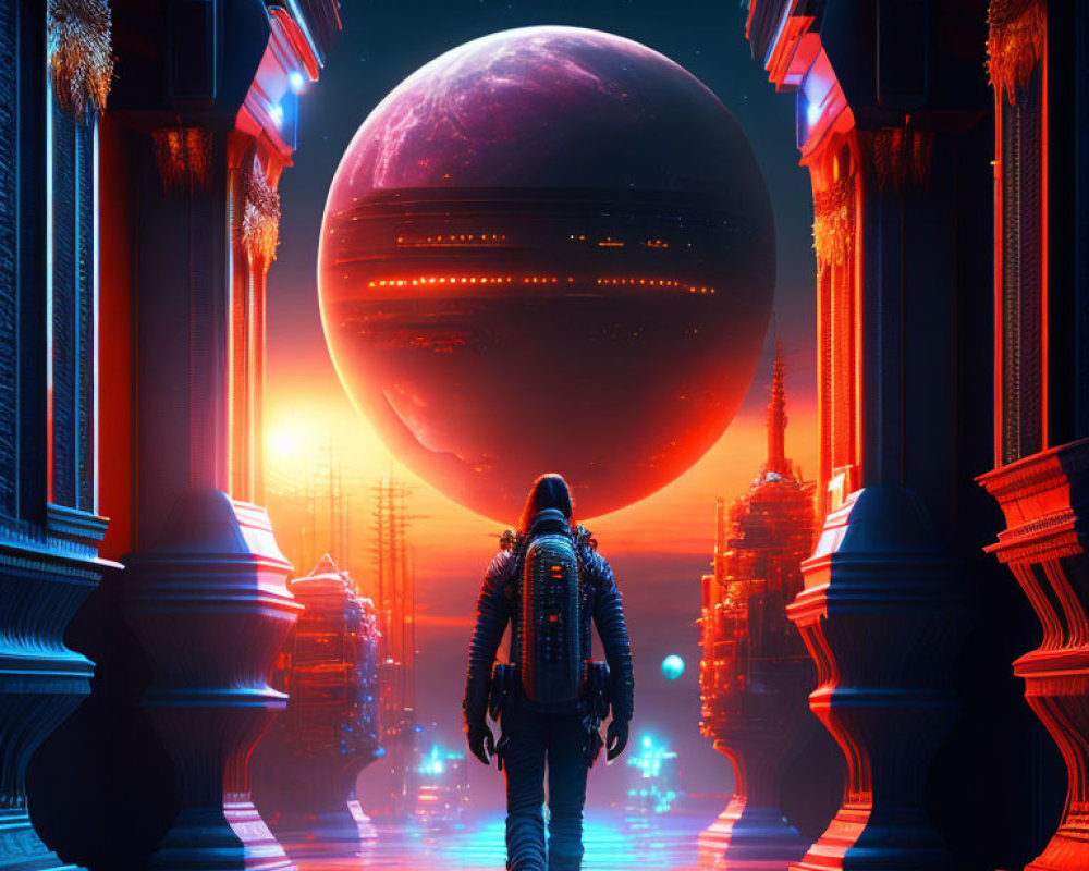 Astronaut between futuristic columns gazes at giant planet in neon-lit cityscape