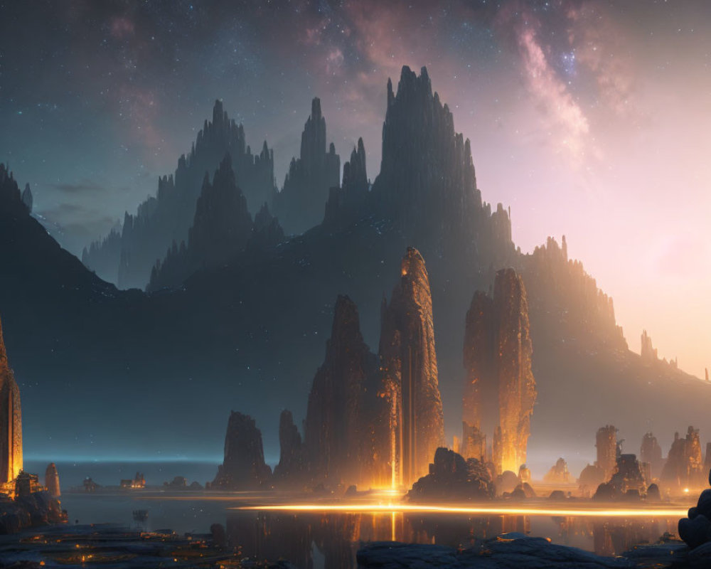 Mystic landscape: towering spires, serene lake, starry sky at dusk