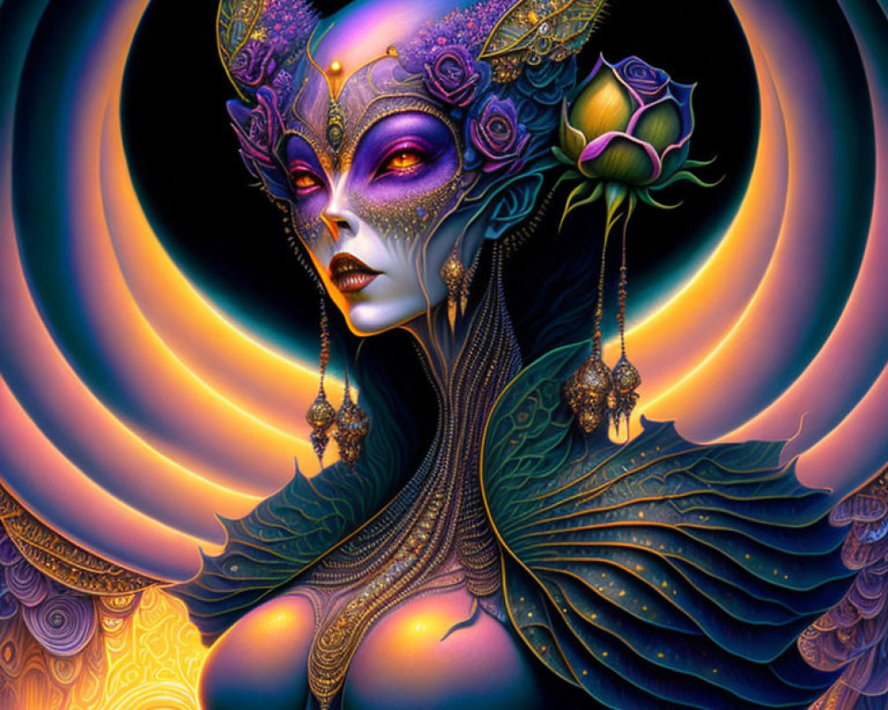 Violet-skinned woman with golden headpiece holding green rose in fantasy art