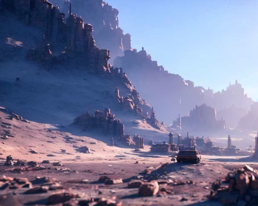 Desert Landscape with Rocky Cliffs and Ancient Ruins in Hazy Atmosphere