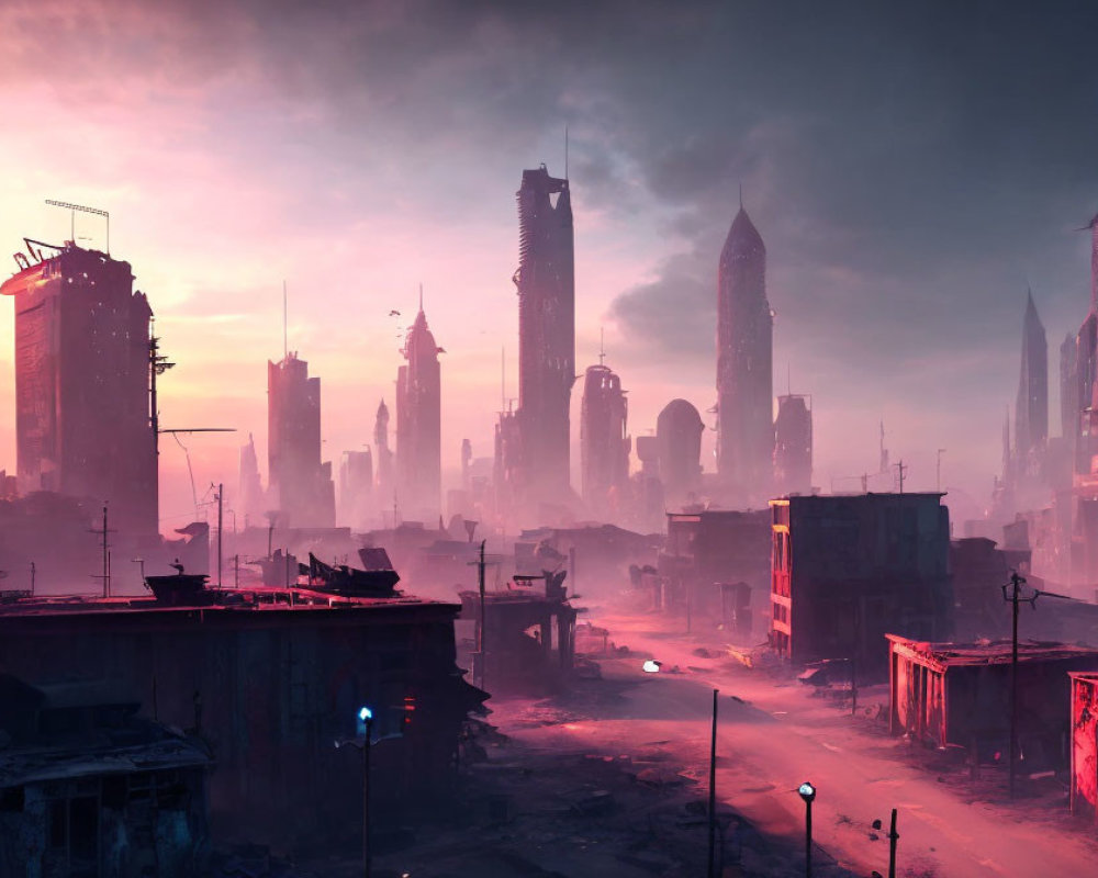 Dystopian cityscape at twilight with dilapidated buildings and hazy pinkish sky