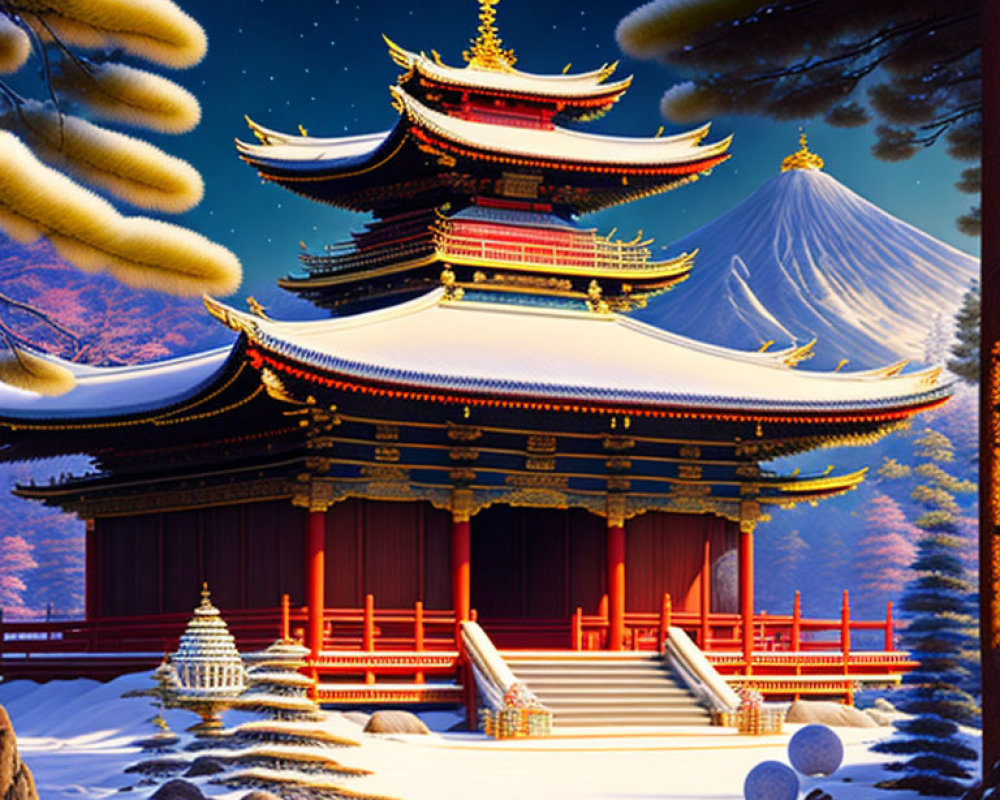 Traditional Japanese pagoda with Mount Fuji and snow-covered pine trees at night