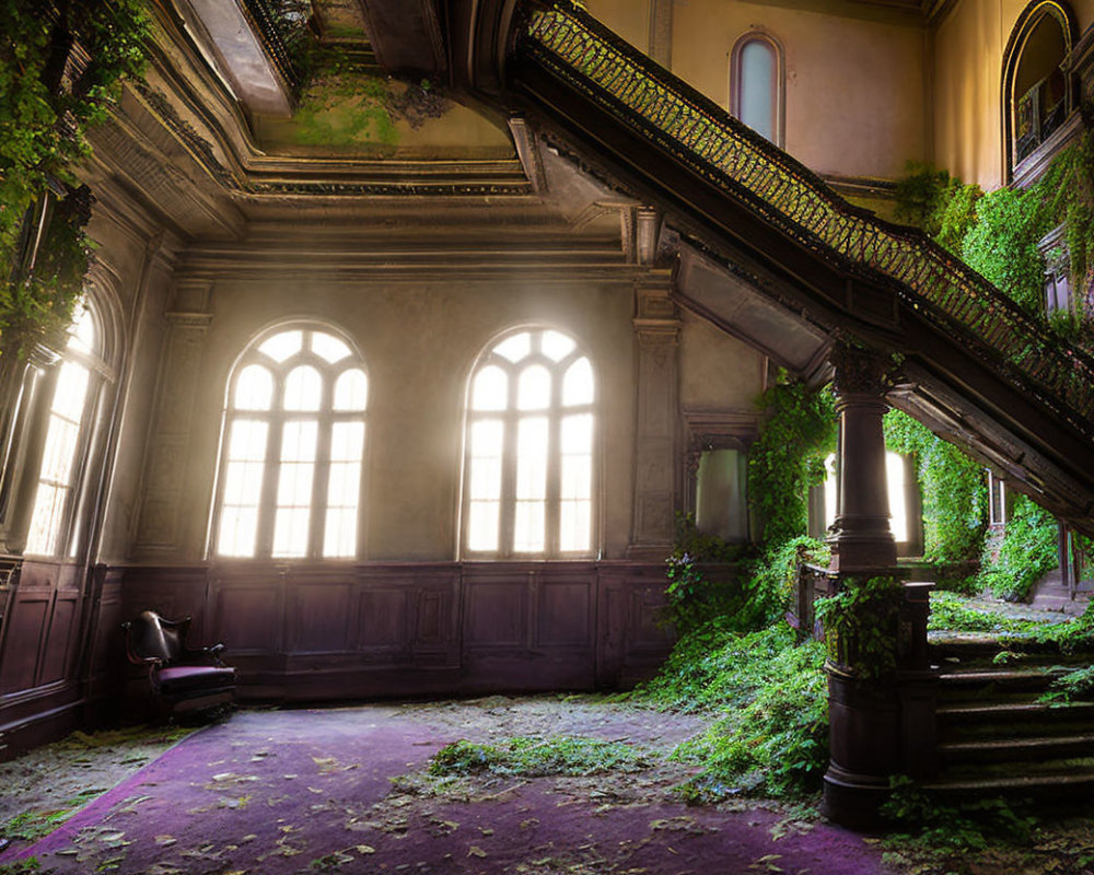 Abandoned grand room with arched windows, greenery, and grand staircase