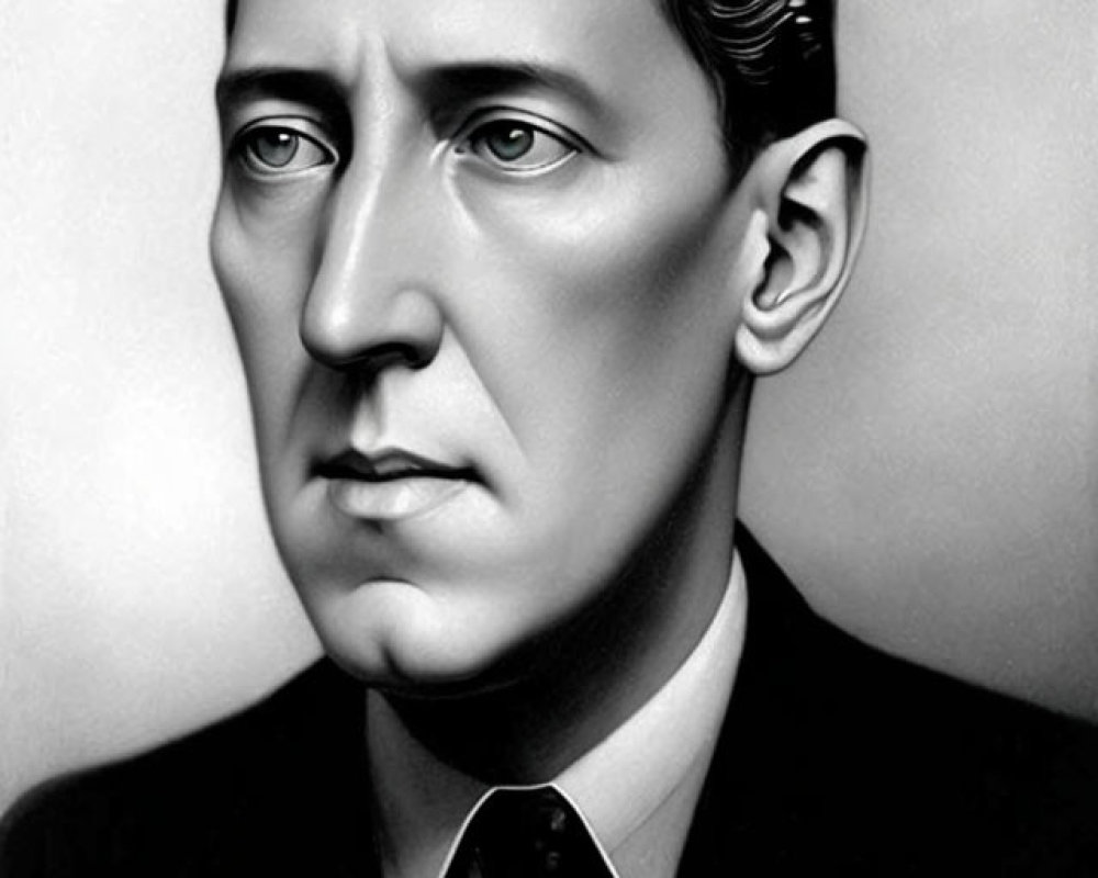 Monochrome illustration of a serious man in suit and tie