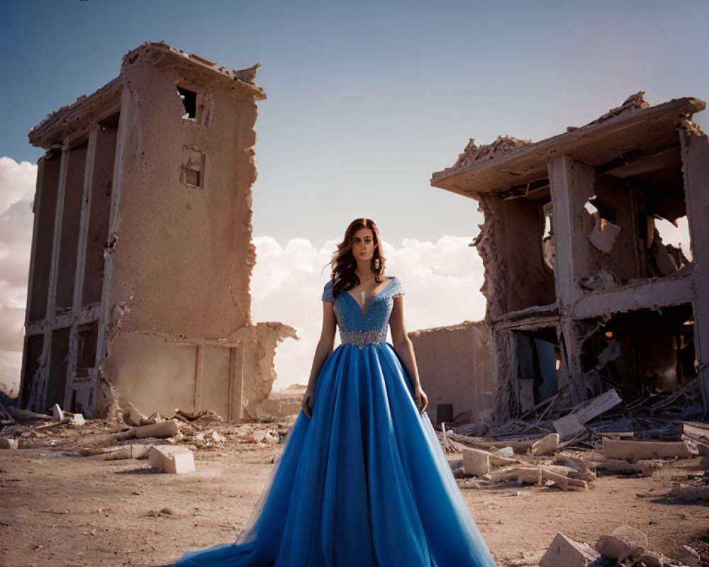 Woman in elegant blue gown amidst ruins with bird flying in distance