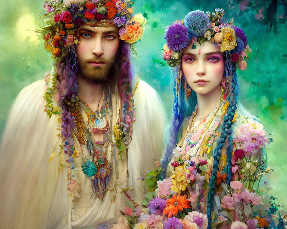 Man and woman in floral crowns and jewelry on green backdrop.