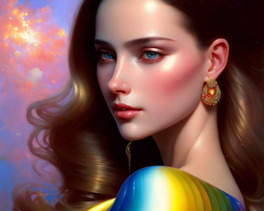 Digital portrait of woman with brown hair, blue eyes, and red lips on cloud-like backdrop