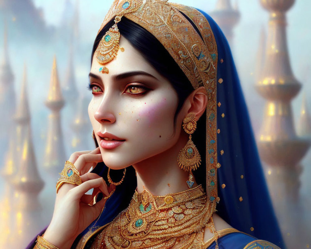 Elaborate Gold Jewelry and Blue Headscarf on Woman with Spire-Topped Structures