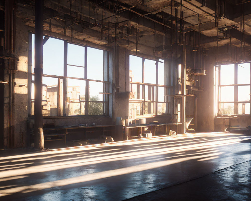 Empty industrial space with sunlight through large windows