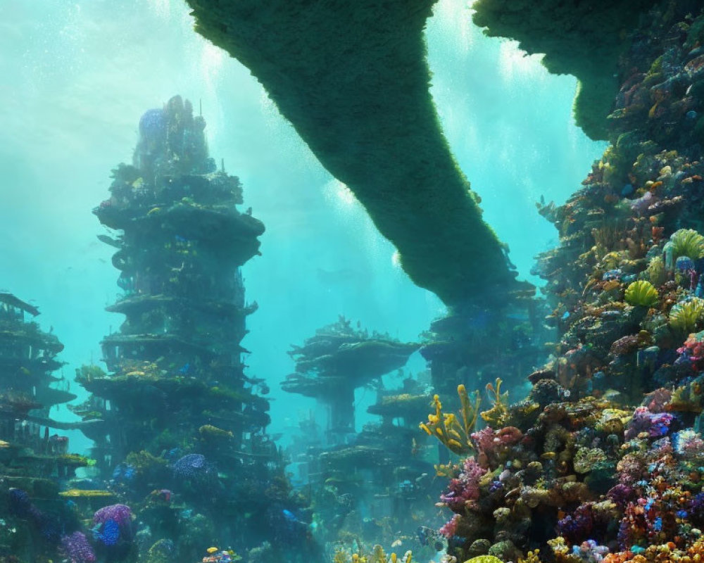 Colorful Coral Structures in Vibrant Underwater Cityscape