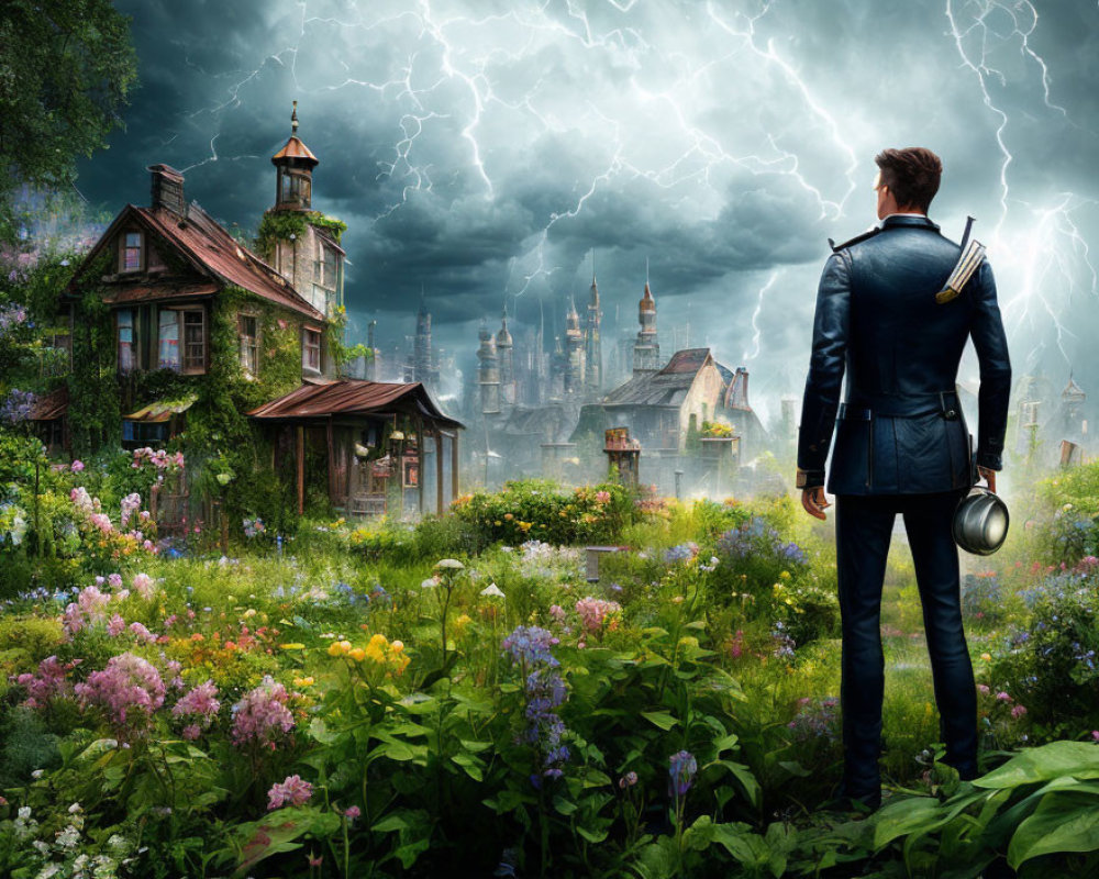 Futuristic man in suit gazes at stormy sky over vibrant garden