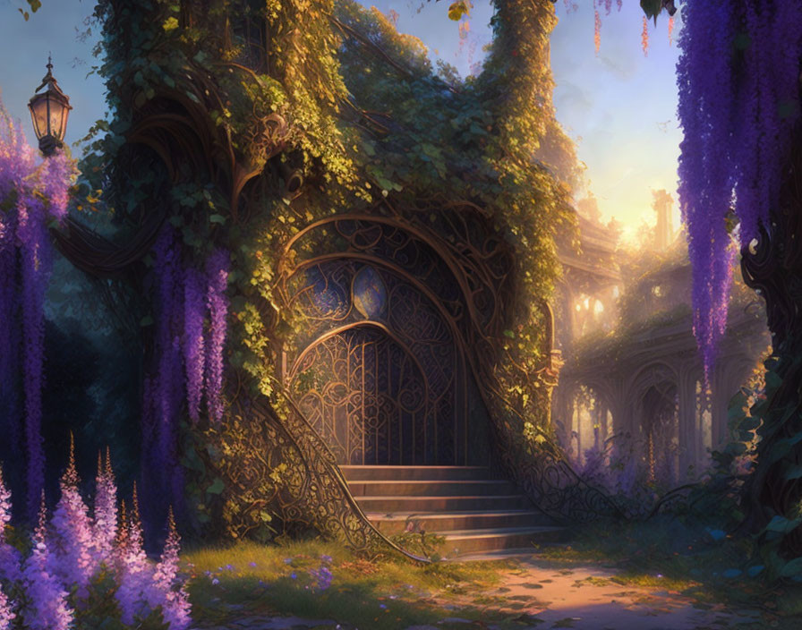 Enchanted twilight scene with lush greenery, hanging wisteria, lantern, and cobble