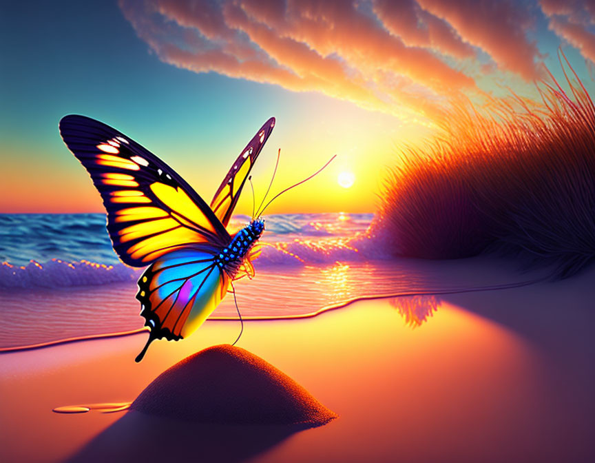 Colorful butterfly on sandy beach dune at sunset