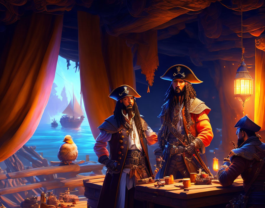 Pirates with map and quill in cabin by the sea