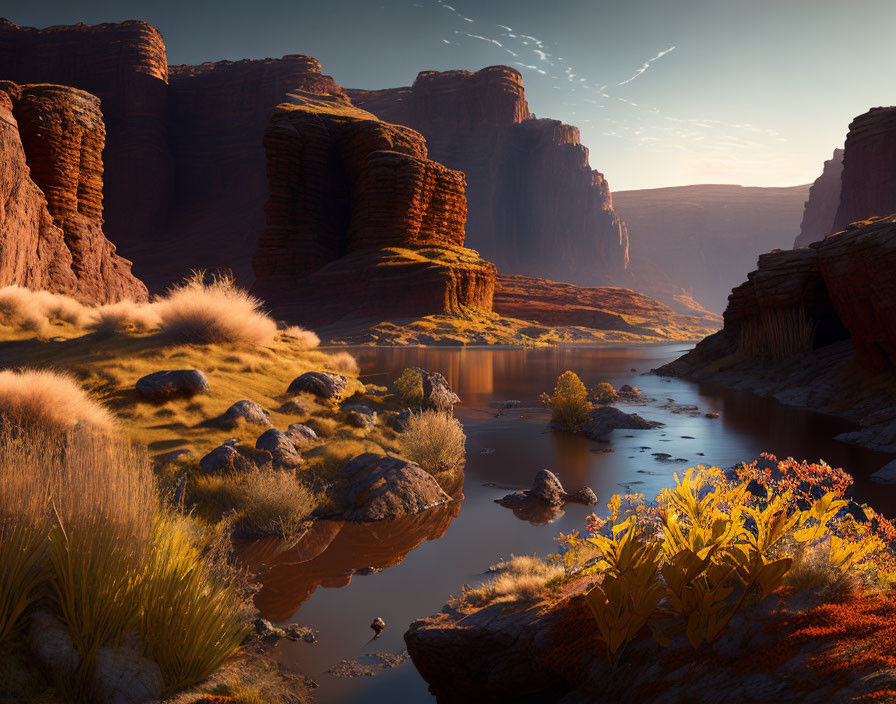 Tranquil river in rugged canyon with red cliffs and lush foliage